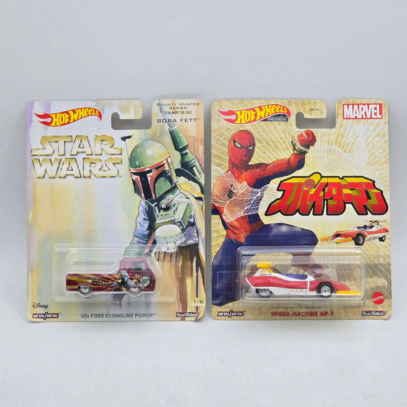 Pair of Hot Wheels Pop Culture Premiums: Includes â€™60s Ford Econoline Pickup featuring Boba Fett artwork from the Star Wars Bounty Hunter Series and Spider Machine GP-7 from the Marvel series. Cars-Look to be in good condition with