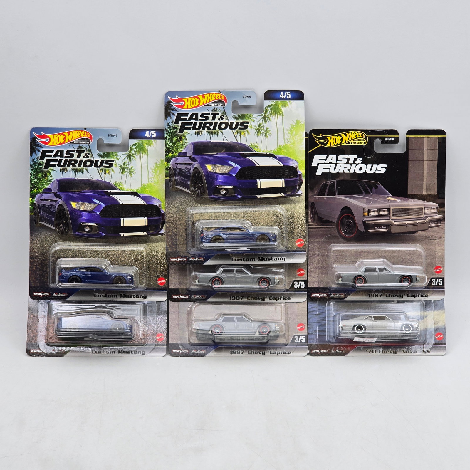 Lot of 7 Hot Wheels Fast & Furious Premiums: Includes multiple 1987 Chevy Caprice models along with Custom Mustang and â€™70 Chevy Nova castings from the Fast & Furious premium series. Cars-Look to be in good condition with no notabl