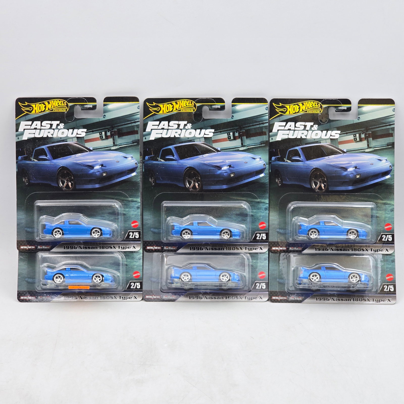 Lot of 6 Hot Wheels Fast & Furious Premiums: Includes (6) 1996 Nissan 180SX Type X premium models from the Fast & Furious series. Cars-Appear to be in good condition with clean paint, sharp tampo detail, and no obvious wear visible. Cards-Sh
