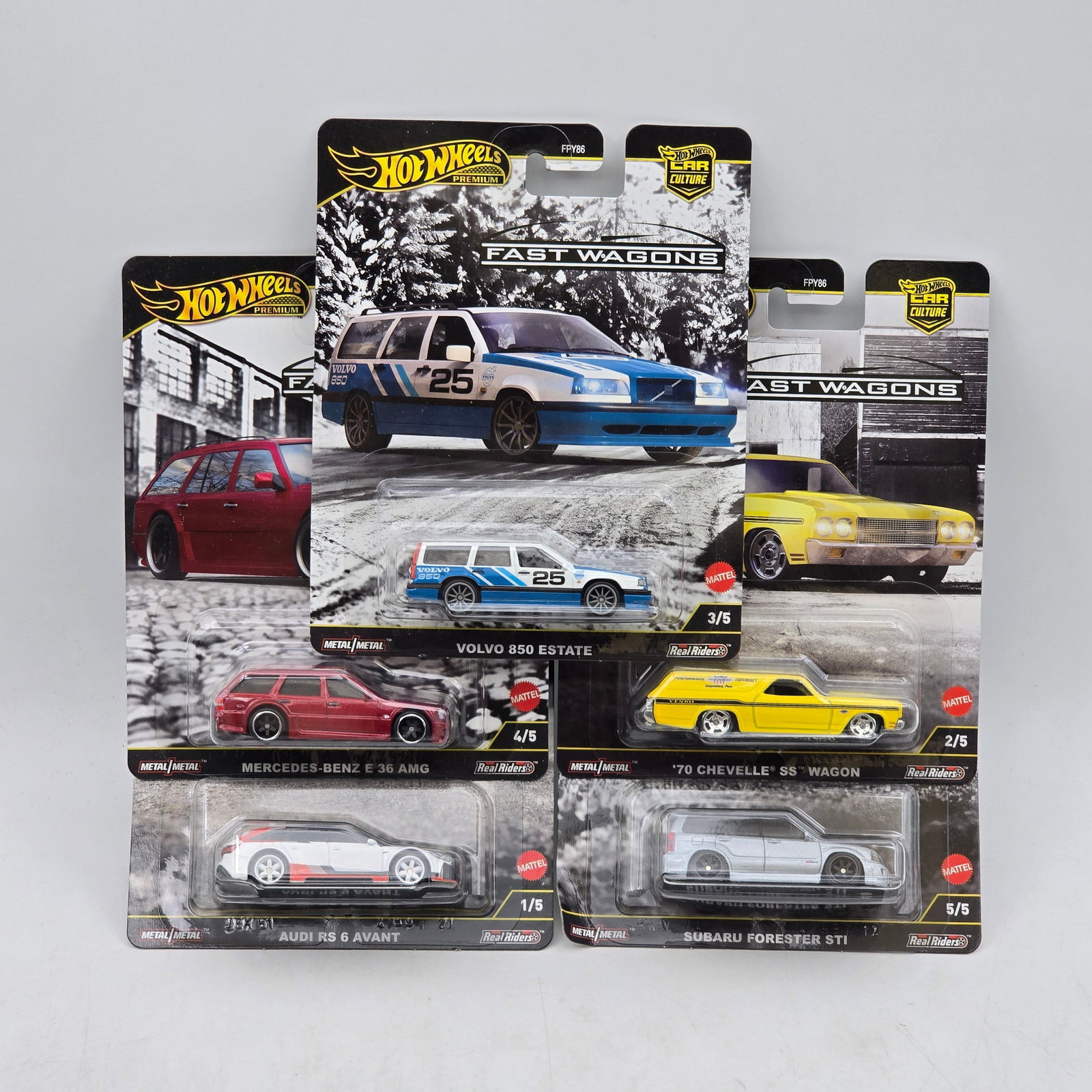 Hot Wheels Fast Wagons Full Set Premiums: Complete 5-car Fast Wagons premium set including Audi RS 6 Avant, â€™70 Chevelle SS Wagon, Volvo 850 Estate, Mercedes-Benz E 36 AMG, and Subaru Forester STI. Cars-Appear to be in good conditio