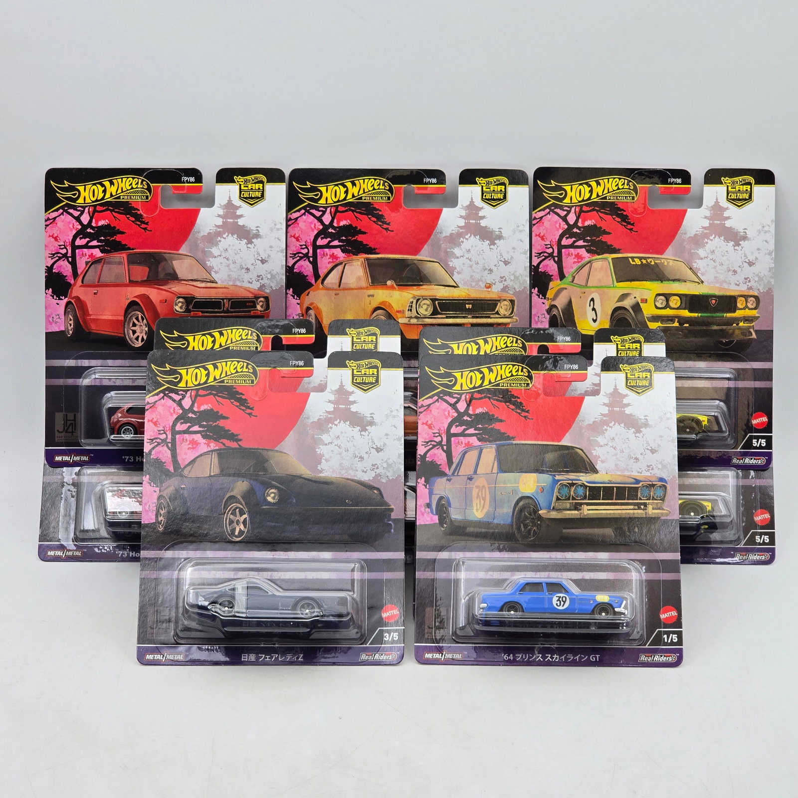 Lot of 10 Hot Wheels Japan Historics Premiums: Includes two complete Japan Historics premium sets featuring â€™64 Prince Skyline GT, Nissan Fairlady Z, Mazda RX-3, Nissan Fairlady Z, and â€™73 Honda Civic Custom models. Cars-Look t