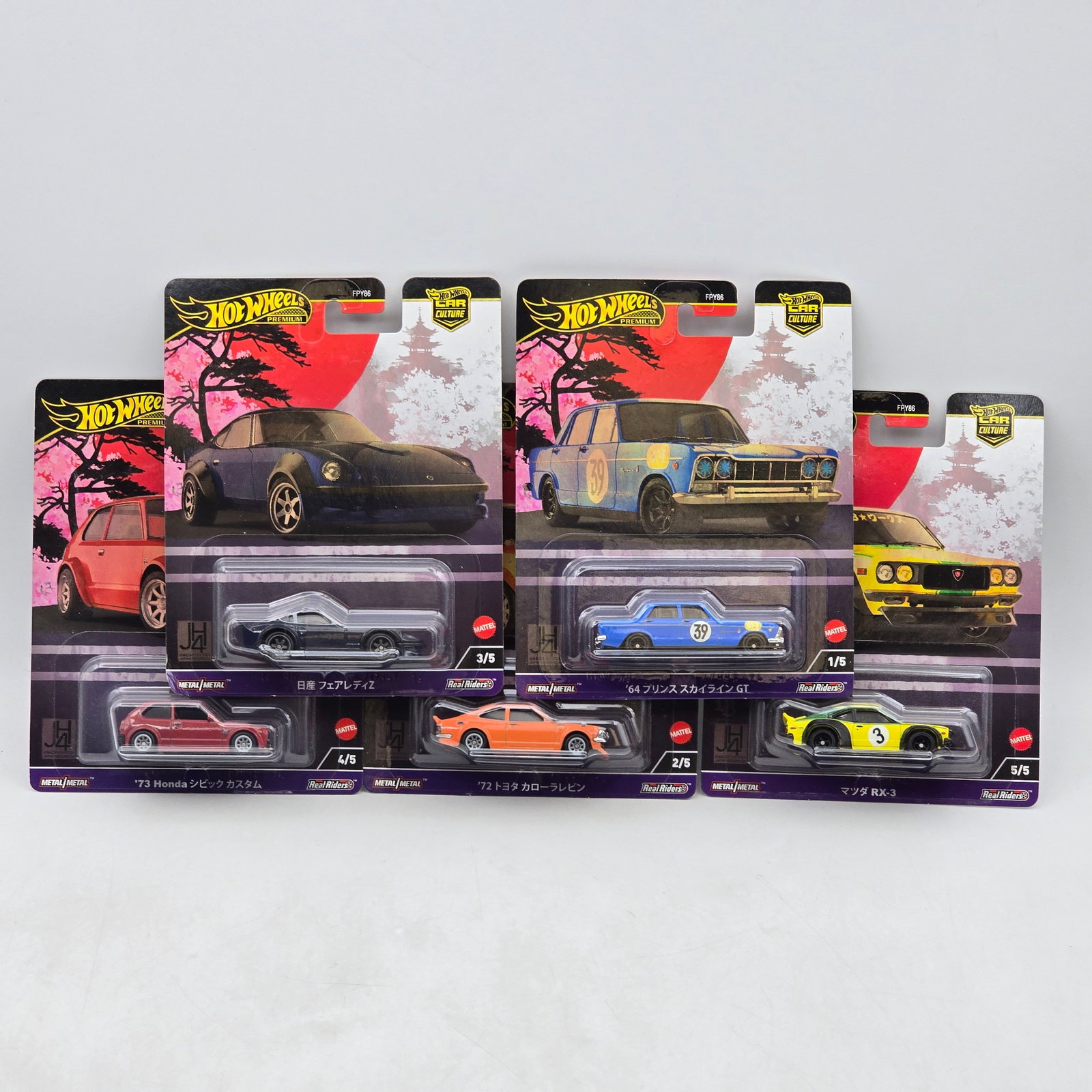 Hot Wheels Japan Historics Full Set Premiums: Complete 5-car Japan Historics premium set featuring â€™64 Prince Skyline GT, Nissan Fairlady Z, Mazda RX-3, Nissan Fairlady Z, and â€™73 Honda Civic Custom models. Cars-Appear to be i