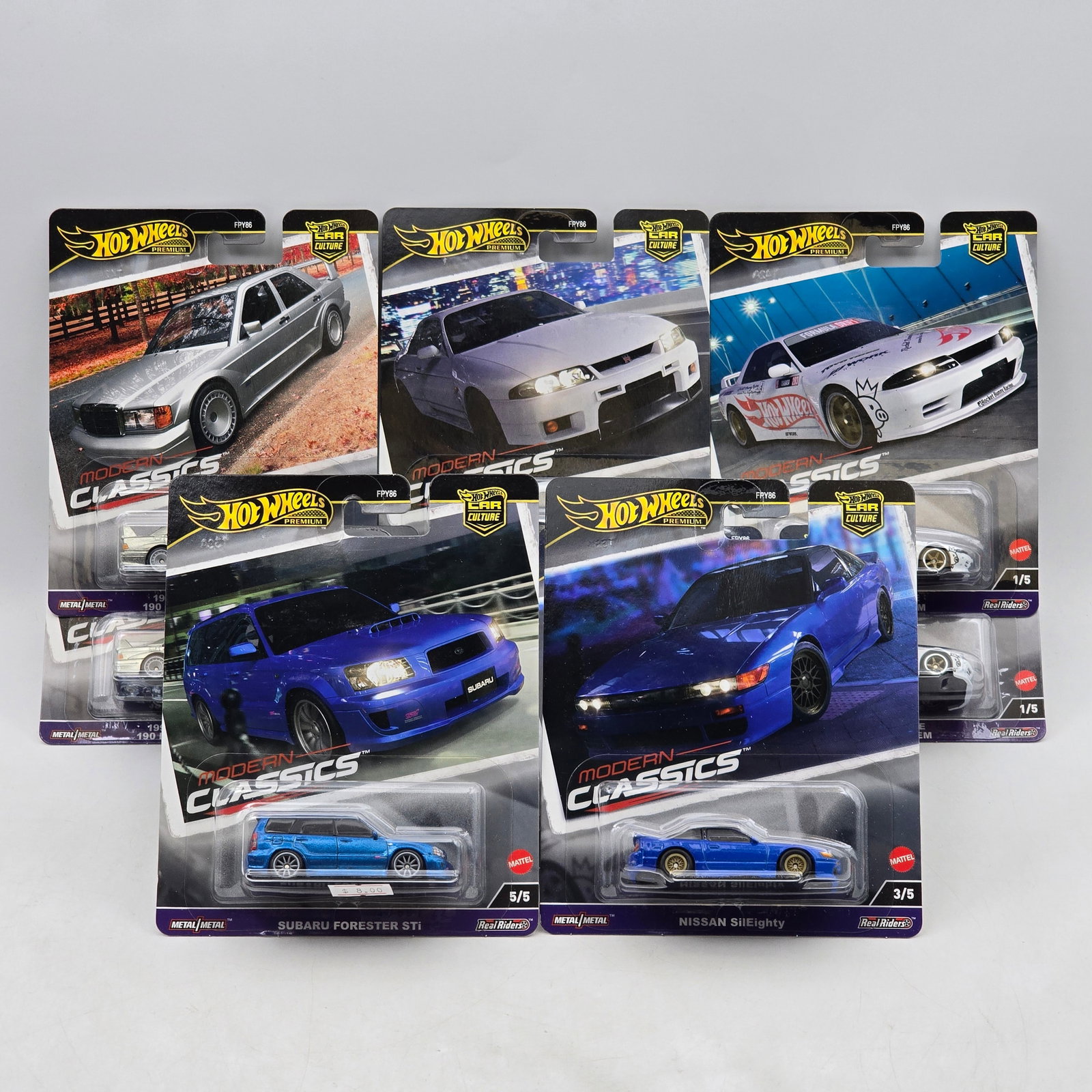 Lot of 10 Hot Wheels Modern Classics Premiums: Includes two complete Modern Classics premium sets featuring Mercedes-Benz 190 E 2.5-16 Evolution II, Nissan Skyline GT-R, Nissan SilEighty, Subaru Forester STI, and â€™98 Subaru Impreza 22B-S