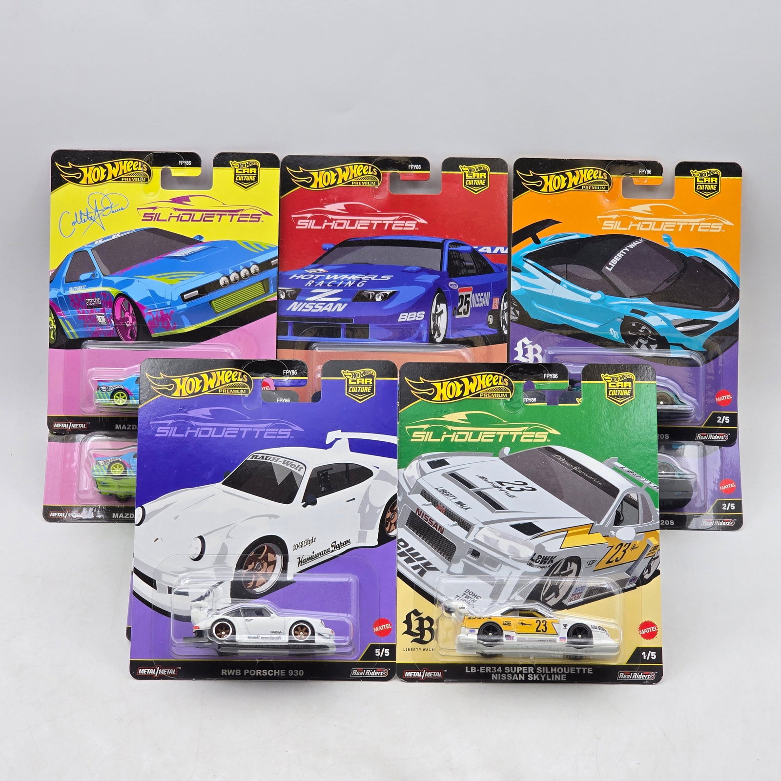 Lot of 10 Hot Wheels Silhouettes Premiums: Includes two complete Silhouettes premium sets featuring Mazda RX-7 FC Pandem, Nissan 300ZX, LB-Works McLaren 720S, RWB Porsche 930, and LB-ER34 Super Silhouette Nissan Skyline castings. Cars-Look to 