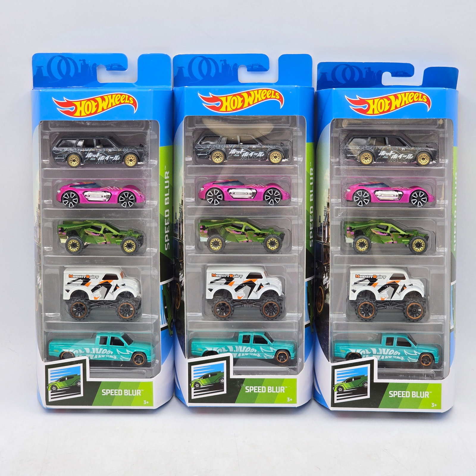 Lot of 3 Hot Wheels Speed Blur 5-Packs: Includes (3) Hot Wheels Speed Blur 5-pack sets featuring a mix of fantasy racers, off-road trucks, and stylized performance castings. Vehicles-Look to be in good condition with bright paint, colorful 