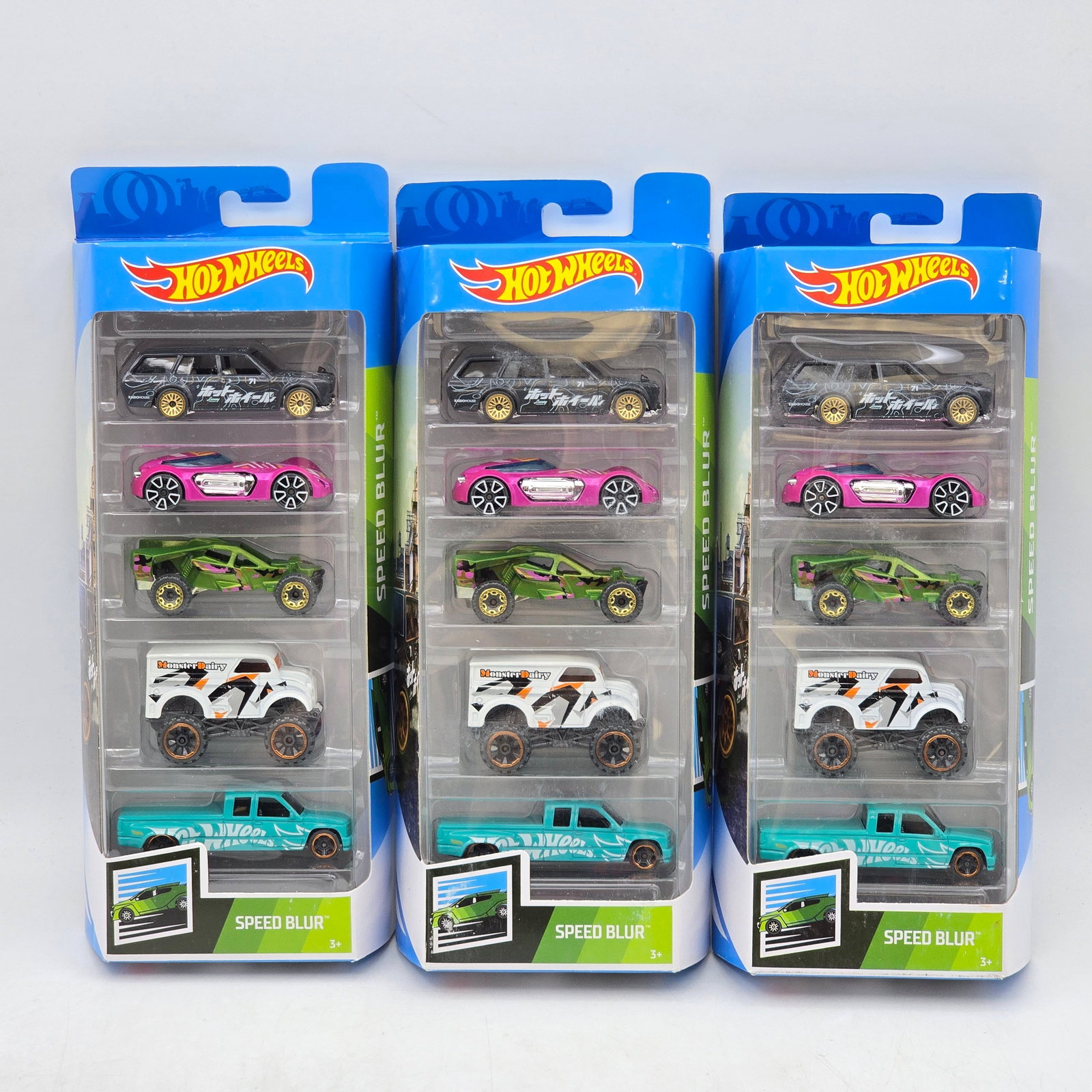 Lot of 3 Hot Wheels Speed Blur 5-Packs: Includes (3) Hot Wheels Speed Blur 5-pack sets featuring a mix of fantasy racers, off-road trucks, and stylized performance castings. Vehicles-Look to be in good condition with bright paint, colorful 