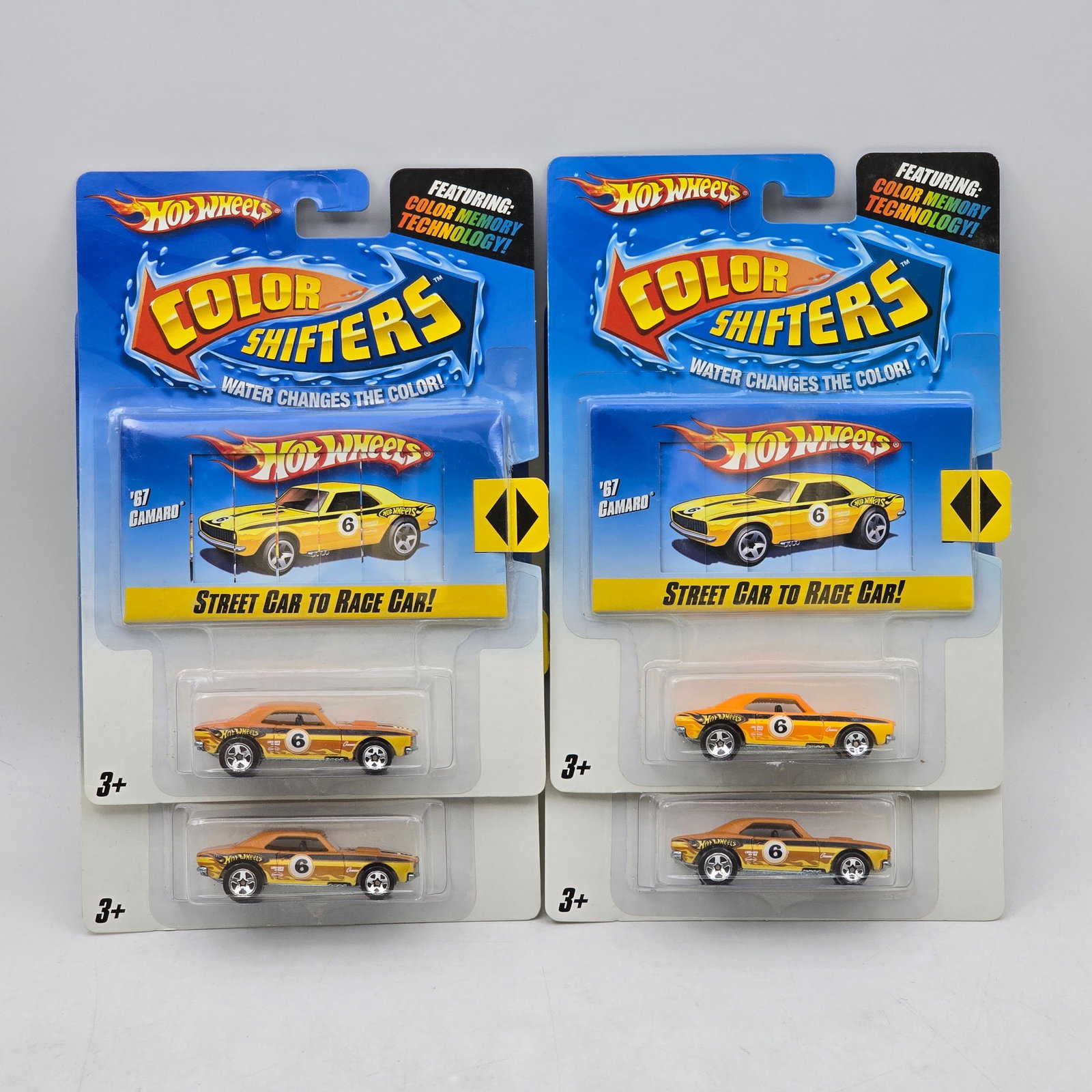Lot of 4 Hot Wheels Color Shifters: Includes (4) Hot Wheels Color Shifters â€™67 Camaro models featuring water-activated color changing paint technology. Vehicles-Look to be in good condition with bright paint, racing graphics, 