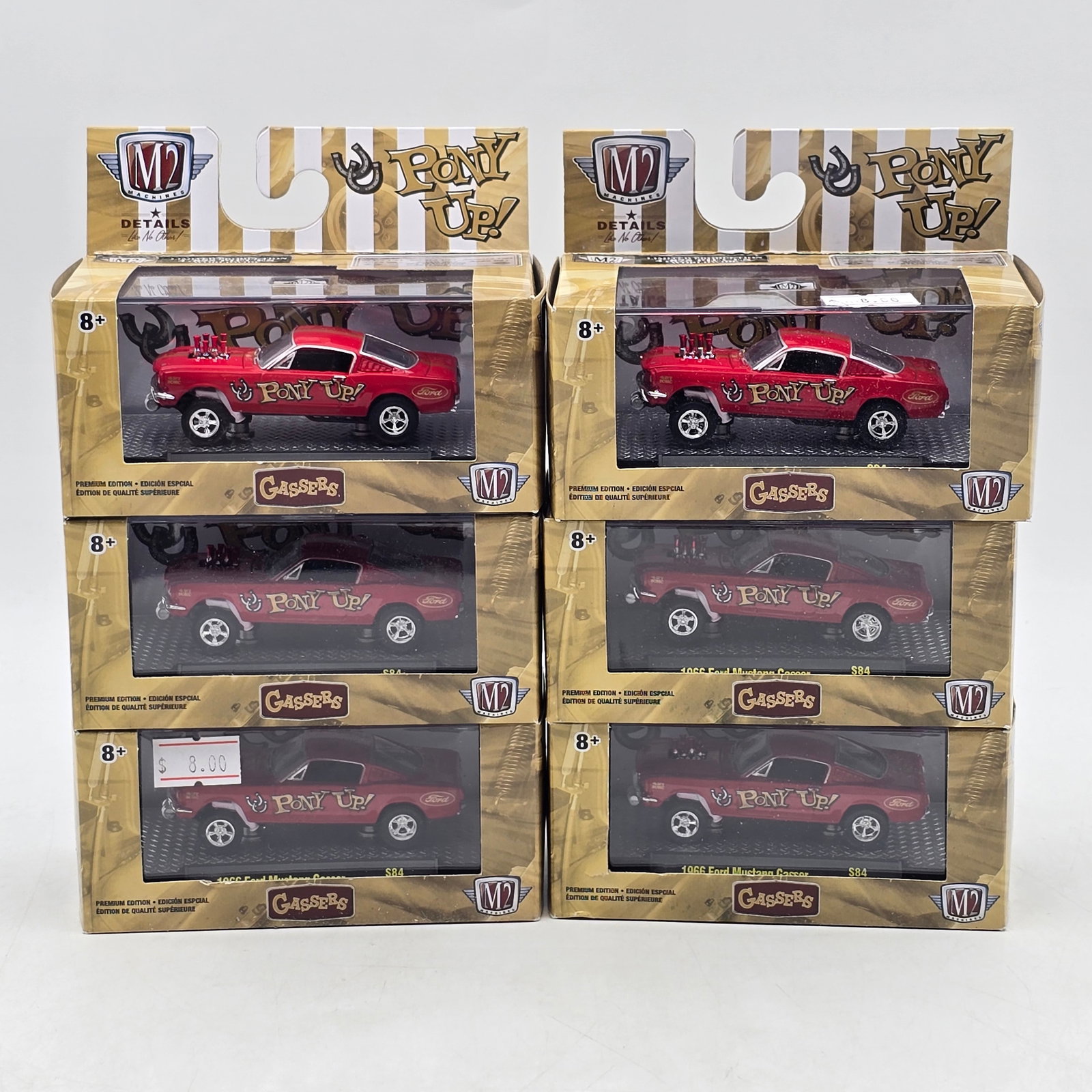 Lot of 6 M2 Machines Pony Up! Gassers: Includes (6) identical M2 Machines Pony Up! Gassers series muscle car models featuring exposed engines and custom graphics. Vehicles-Look to be in good condition with detailed paint, chrome engine com