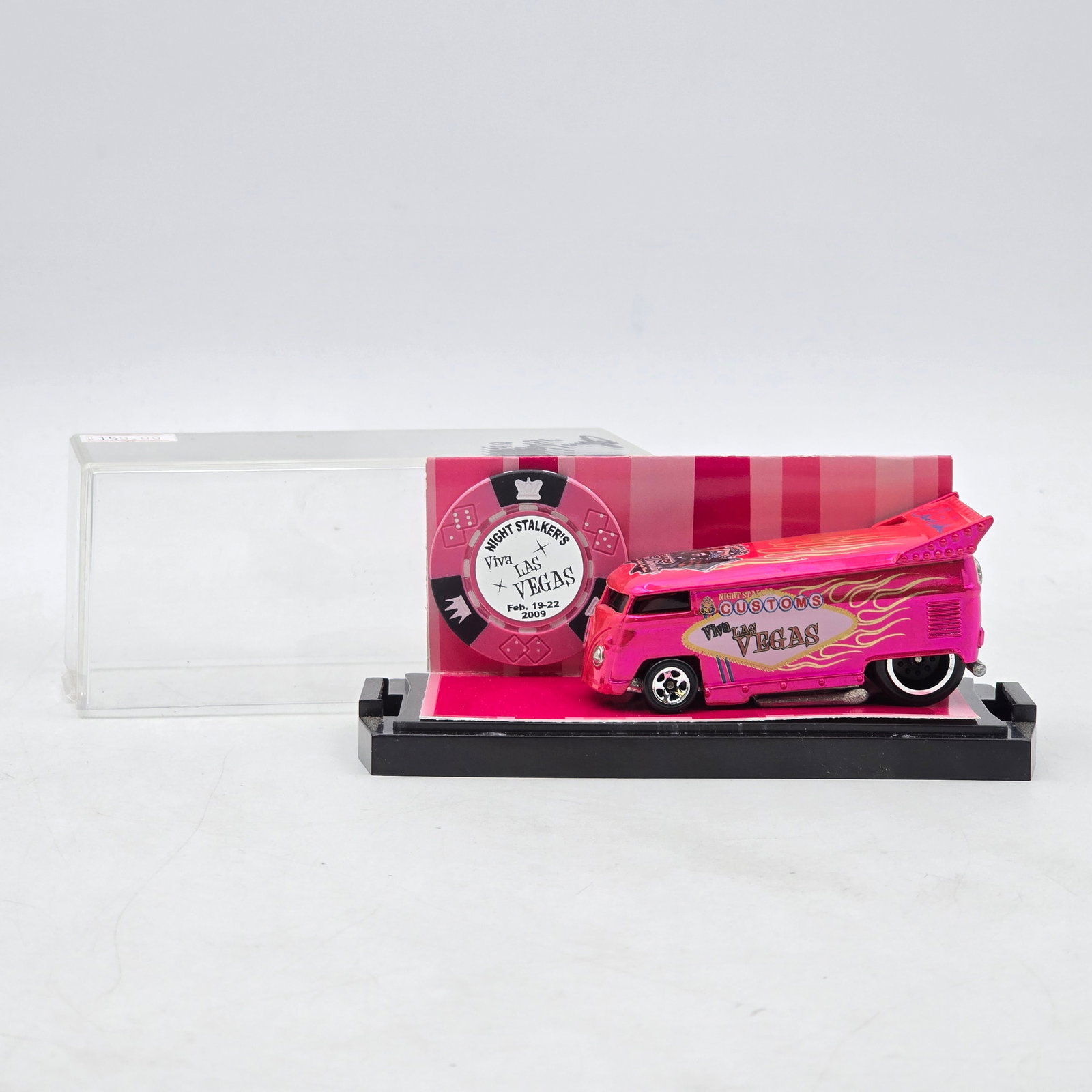 Signed Night Stalkers Viva Las Vegas 2009 Drag Bus: Custom Volkswagen-style Drag Bus featuring bright metallic pink paint, flame graphics, and â€?Viva Las Vegasâ€? Night Stalkers event branding. Roof artwork appears signed, adding