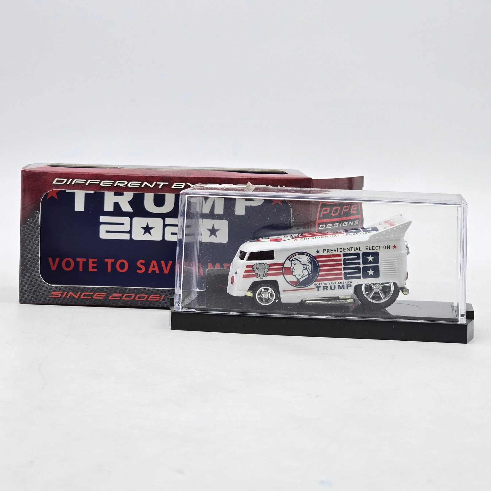Pope Designs Trump 2020 VW Drag Bus: Custom Volkswagen-style Drag Bus by Pope Designs featuring â€?Trump 2020â€? presidential campaign graphics, patriotic red-white-and-blue styling, and raised drag-style rear wing. Individua