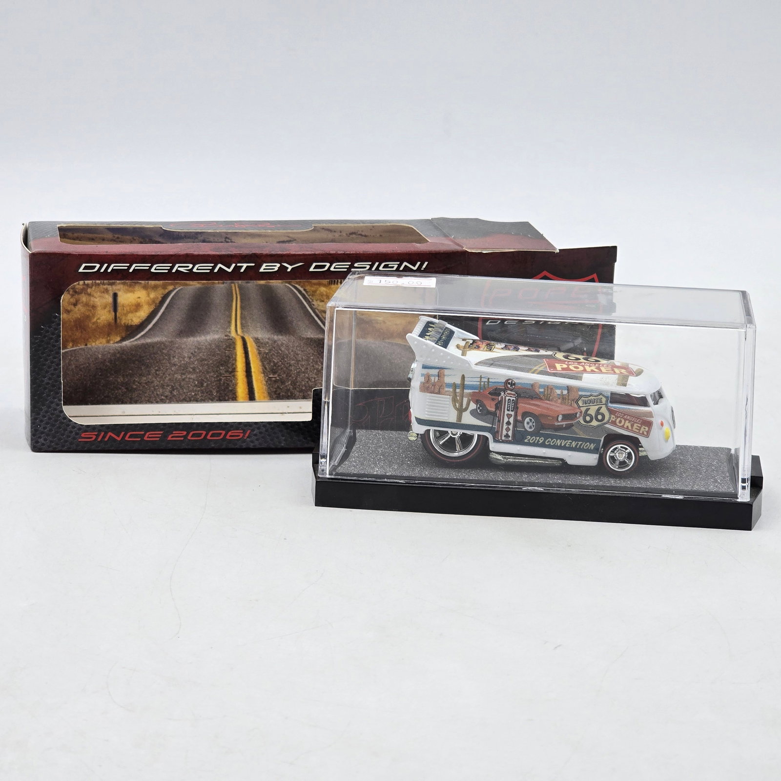 Pope Designs Route 66 Convention VW Drag Bus: Custom Volkswagen-style Drag Bus by Pope Designs featuring Route 66 desert highway graphics, poker-themed artwork, and raised drag-style rear wing. Marked â€?2019 Conventionâ€? with detail