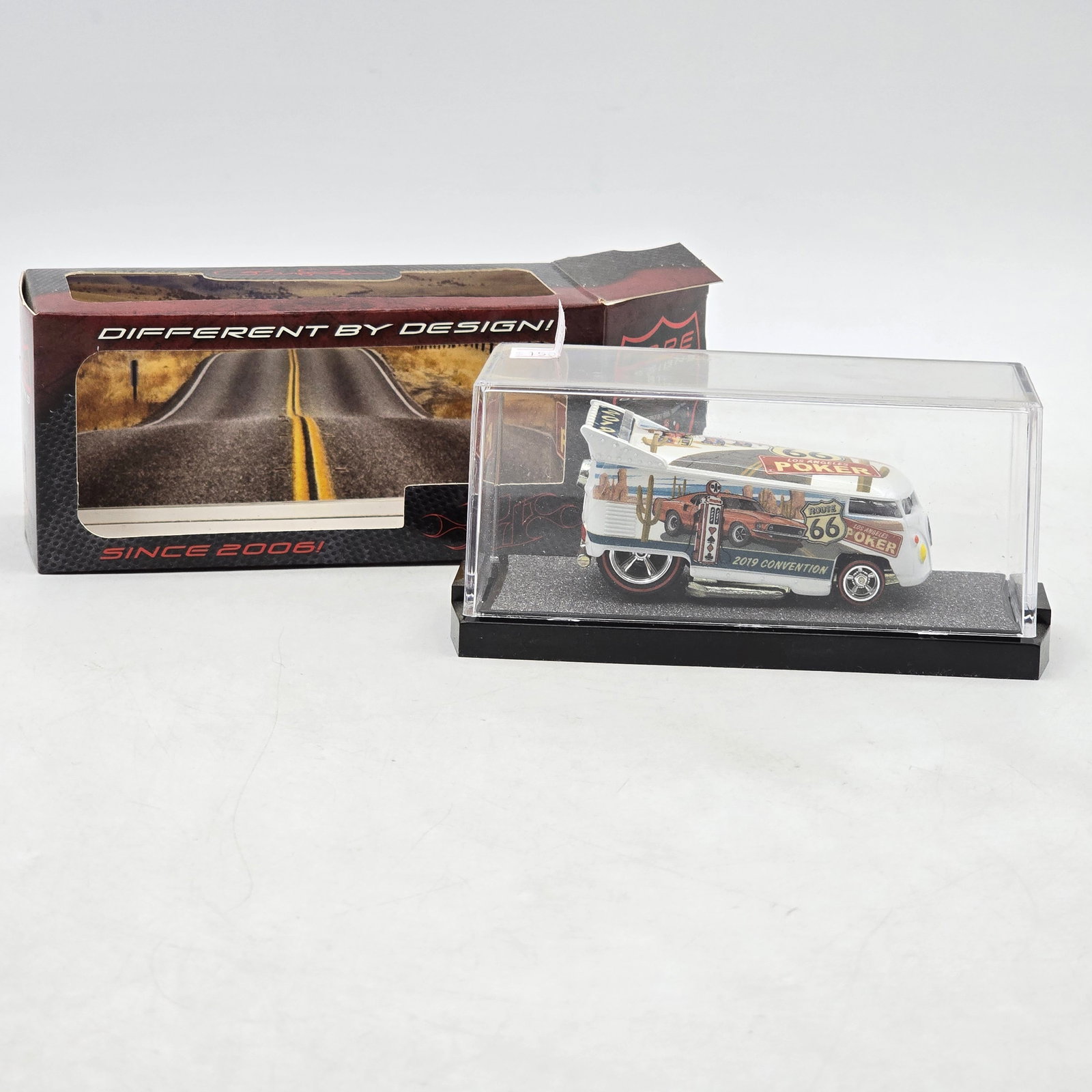 Pope Designs Route 66 Convention VW Drag Bus: Custom Volkswagen-style Drag Bus by Pope Designs featuring Route 66 desert highway graphics, poker-themed artwork, and raised drag-style rear wing. Marked â€?2019 Conventionâ€? with detail