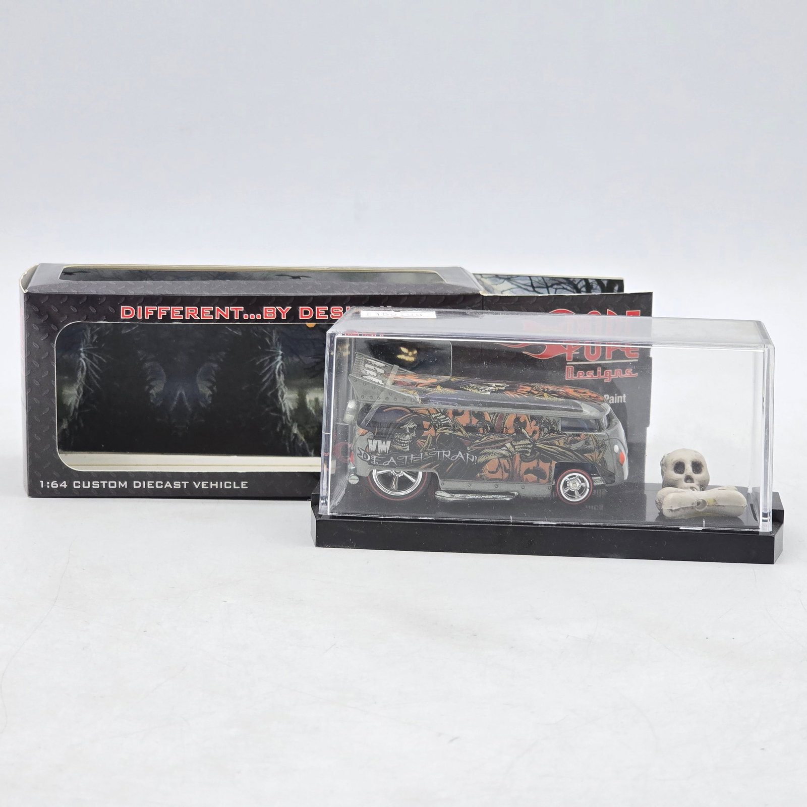 Pope Designs Happy Halloween VW Drag Bus: Custom Volkswagen-style Drag Bus by Pope Designs featuring Halloween-themed graphics and horror-inspired artwork. Individually numbered 03/17 on the original packaging, indicating a limited custom rel