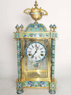 Chinese Cloisonne Mantel Clock: Chinese Cloisonne Mantel Clock, 19.75in by 8.5in