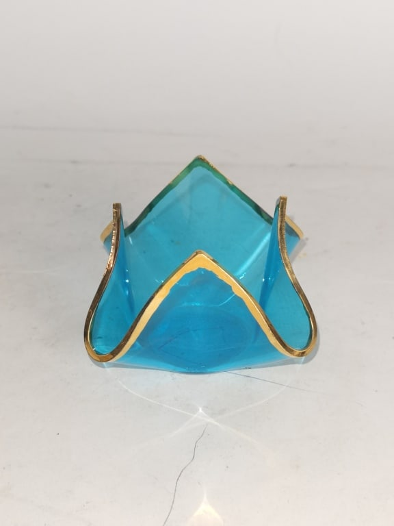 Vintage Gilt Blue Handkerchief Bonbon Dish, Signed: Vintage Gilt Blue Handkerchief Bonbon Dish, Signed, 2.75in by 4.5in