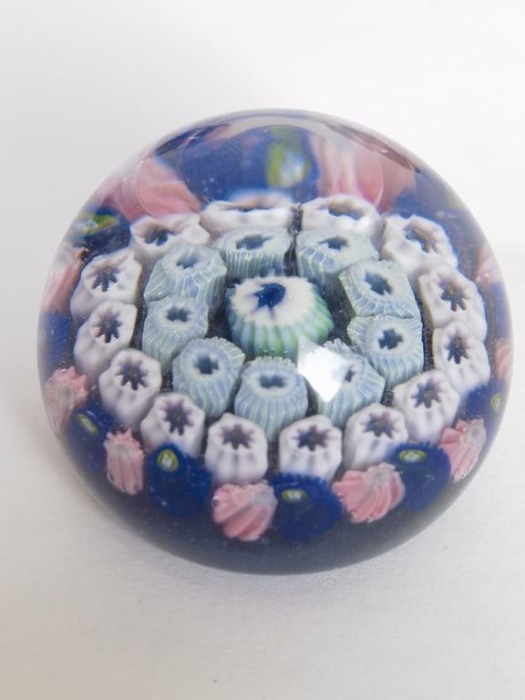 Unmarked Milleflori Glass Paperweight: Unmarked Milleflori Glass Paperweight, 1.25in by 1 5/8in