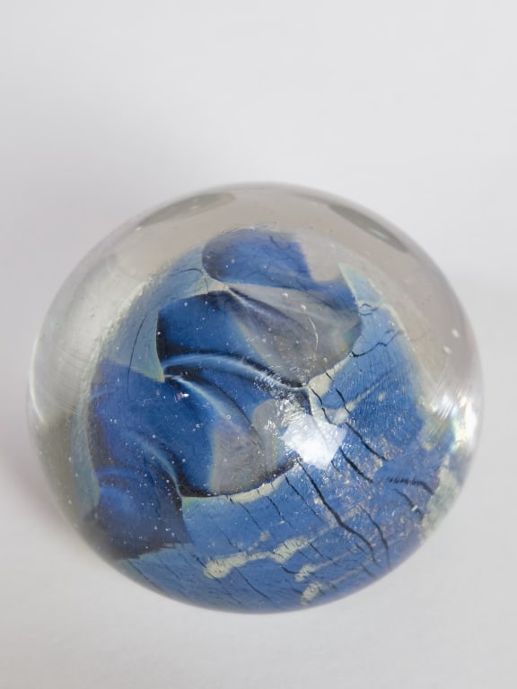 Eickholt Blue Swirl Glass Paperweight: Eickholt Blue Swirl Glass Paperweight, 1.5in by 1.75in