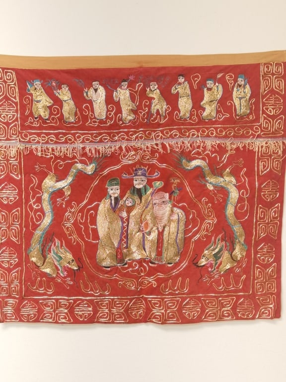 Chinese Gold Thread Deities Embroidery: Chinese Gold Thread Deities Embroidery, 37in by 35in