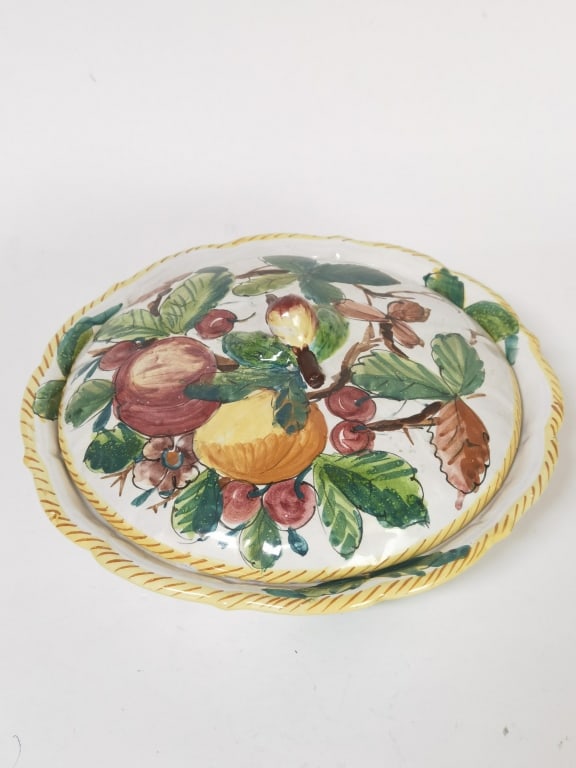 Vintage Italian Porcelain Hand Painted Covered Bow: Vintage Italian Porcelain Hand Painted Covered Bowl, 4.25in by 10in
