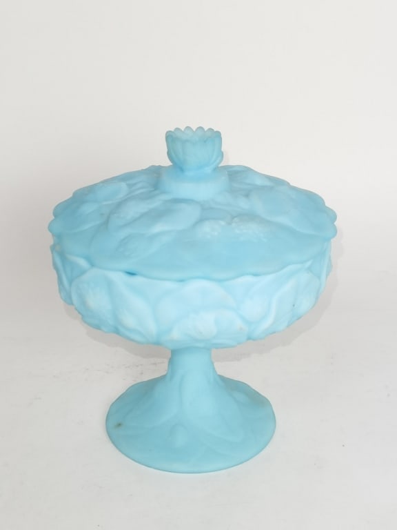 Vintage Fenton Blue Milk Glass Lidded Pedestal Com (1 of 5)