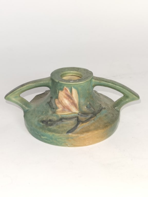 Vintage Roseville Blue Magnolia Candlestick: Vintage Roseville Blue Magnolia Candlestick, 2.5in by 6in
