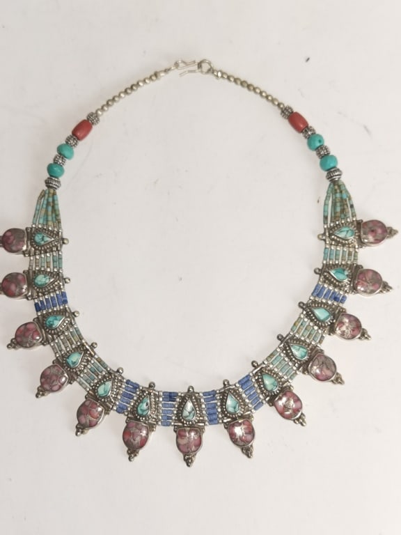 Native American Precious Stone Inlay Necklace: Native American Precious Stone Inlay Necklace, 7in