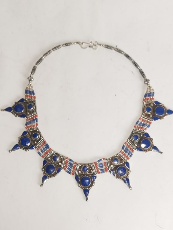 Native American Style 925 Silver Precious Stone Ne: Native American Style 925 Silver Precious Stone Necklace, 8in