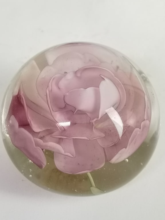 Unmarked Pink Floral Glass Paperweight: Unmarked Pink Floral Glass Paperweight, 2.25in