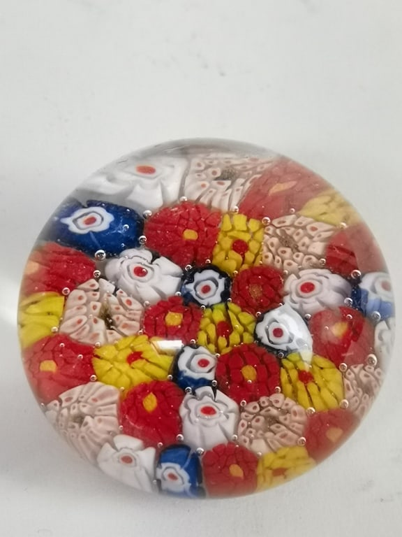 Unmarked Milleflori Glass Paperweight: Unmarked Milleflori Glass Paperweight, 1.75in by 2in
