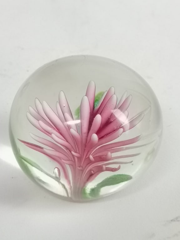 Unmarked Pink Floral Glass Paperweight: Unmarked Pink Floral Glass Paperweight, 1.5in by 2in