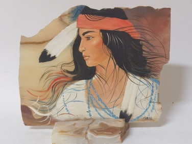 Native American Painting on Marble, Signed Omar