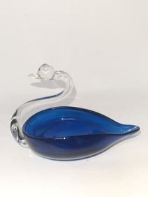 Vintage Clear/Cobalt Blue Glass Swan Dish