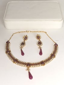 Costume Faux Ruby and Pearl Jewelry Set