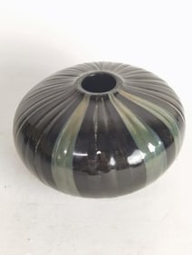 Dark Green Lobed Glass Vase, Signed