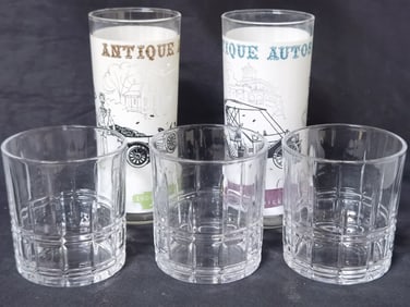 (2) Vintage Antique Auto Glasses & (3) Whiskey Gla