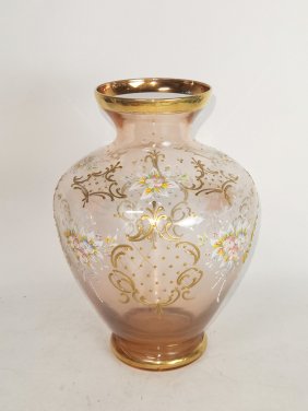 Lavorazione Murano Gilt Hand Painted Pink Glass Bud Vase