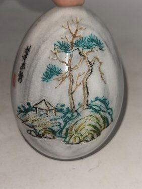 Chinese Painted Marble Carved Egg Paperweight