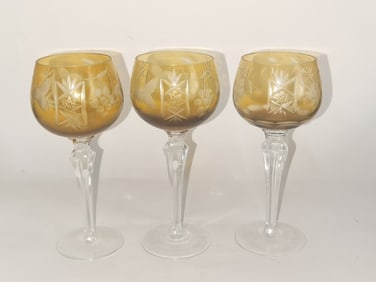 (3) Bohemian Amber Cut-to-Clear Wine Glasses