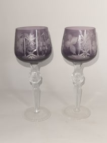 (2) Bohemian Amethyst Cut-to-Clear Wine Glasses