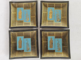 (4) MCM Gilt Asian Design Black Glass Plates