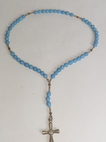 Blue Bead Necklace with Cross