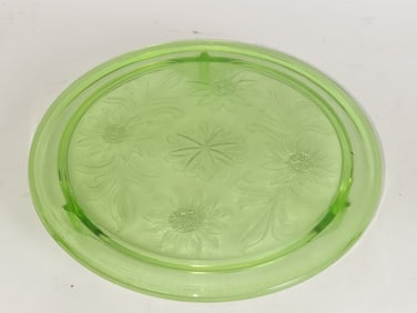 Jeannette Sunflower Style Green Glass Cake Platter