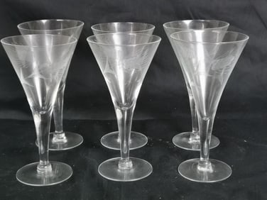 (6) Vintage Etched Wheat Design Crystal Wine Glass