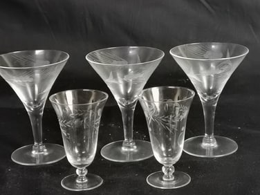 (5) Vintage Etched Wheat Design Crystal Glasses