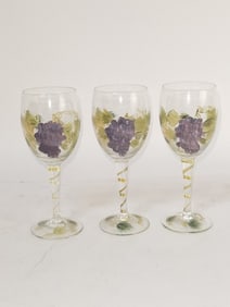 (3) Hand Painted Grape Wine Glasses