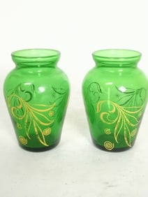 Pr. of Art Deco Emerald Green Gilt Vases