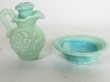 Two Vintage Avon Green Glass Wares