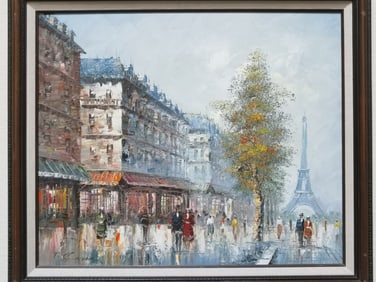 French Street Scene Oil Painting, T. Carson