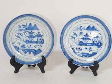 (2) Chinese Export Porcelain B&W Plates