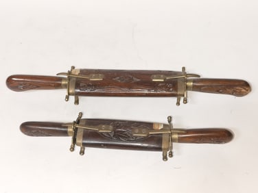 (2) Vintage India Carved Wood and Brass Carving Se